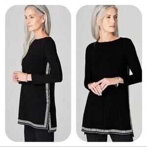 J. Jill Wearever Collection Black Soft Jersey Knit Stripe Split Hem Tunic Top